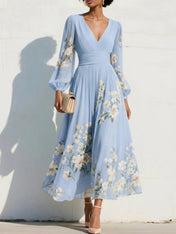 Elegant Floral V-Neck Pleated Midi Dress with Long Sleeves