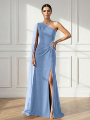 Formal Evening Dress Burgundy One Shoulder Slit Maxi Dress Gown