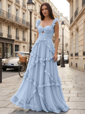 Verspieltes hellblaues, gestuftes A-Linien-Ballkleid mit Rüschen