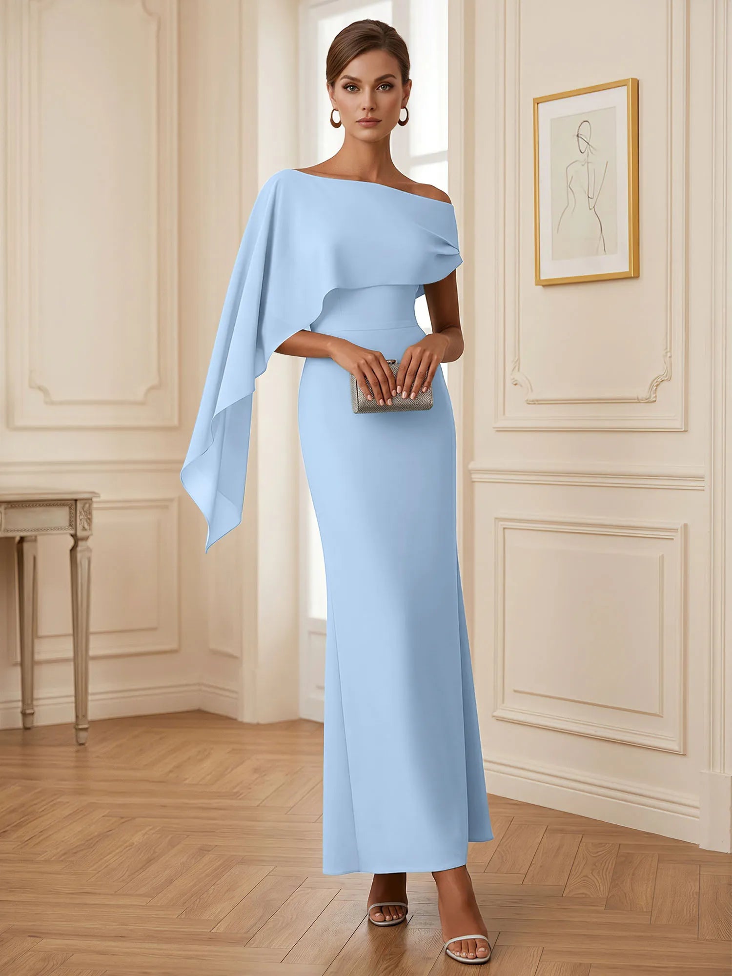 Elegant Mint Green One-Shoulder Chiffon Mermaid Formal Evening Dress with Cape and Ruffles