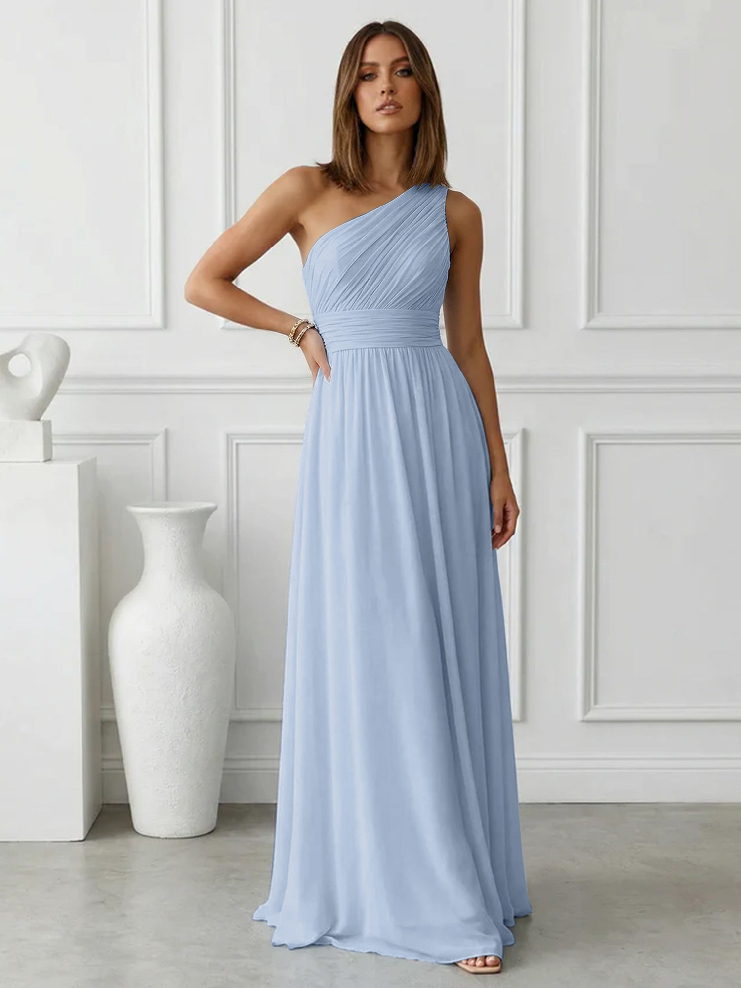 Timeless Light Blue One-Shoulder Maxi Dress Ruched Chiffon Gown