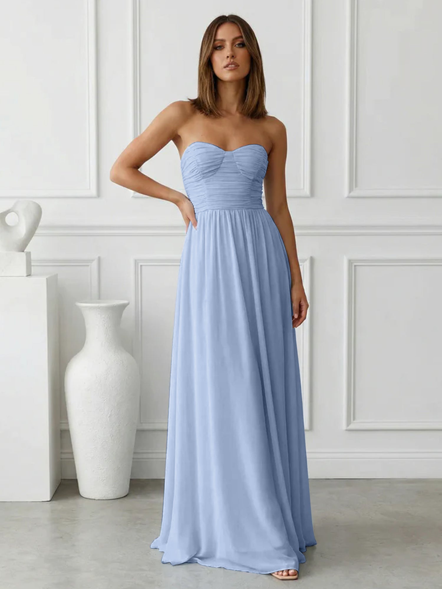Light Blue Sweetheart Chiffon A Line Maxi Dress with Pleat
