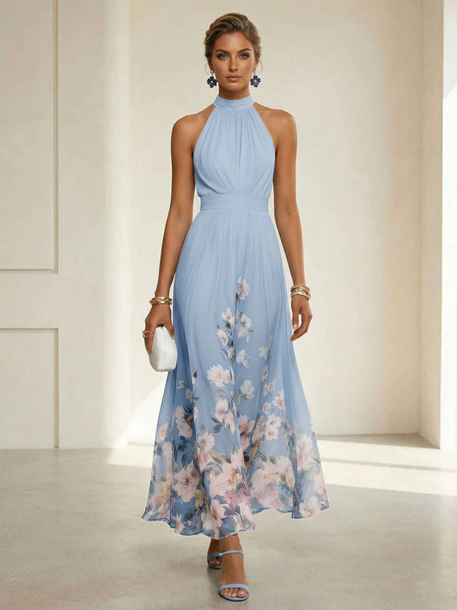 Light Blue Floral Chiffon Halter Sleeveless A-Line Maxi Dress Gown