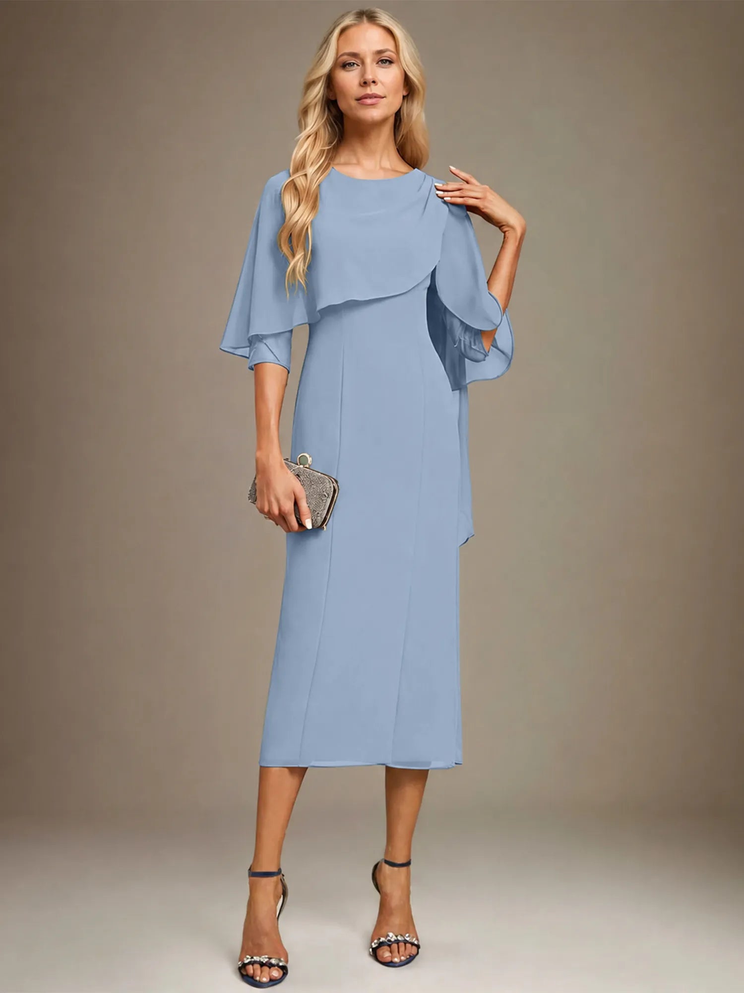 Column Scoop Tea Length Chiffon Dress With Pleated Beading