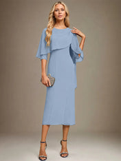 Sheath/Column Scoop Tea Length Chiffon Dress With Pleated Beading