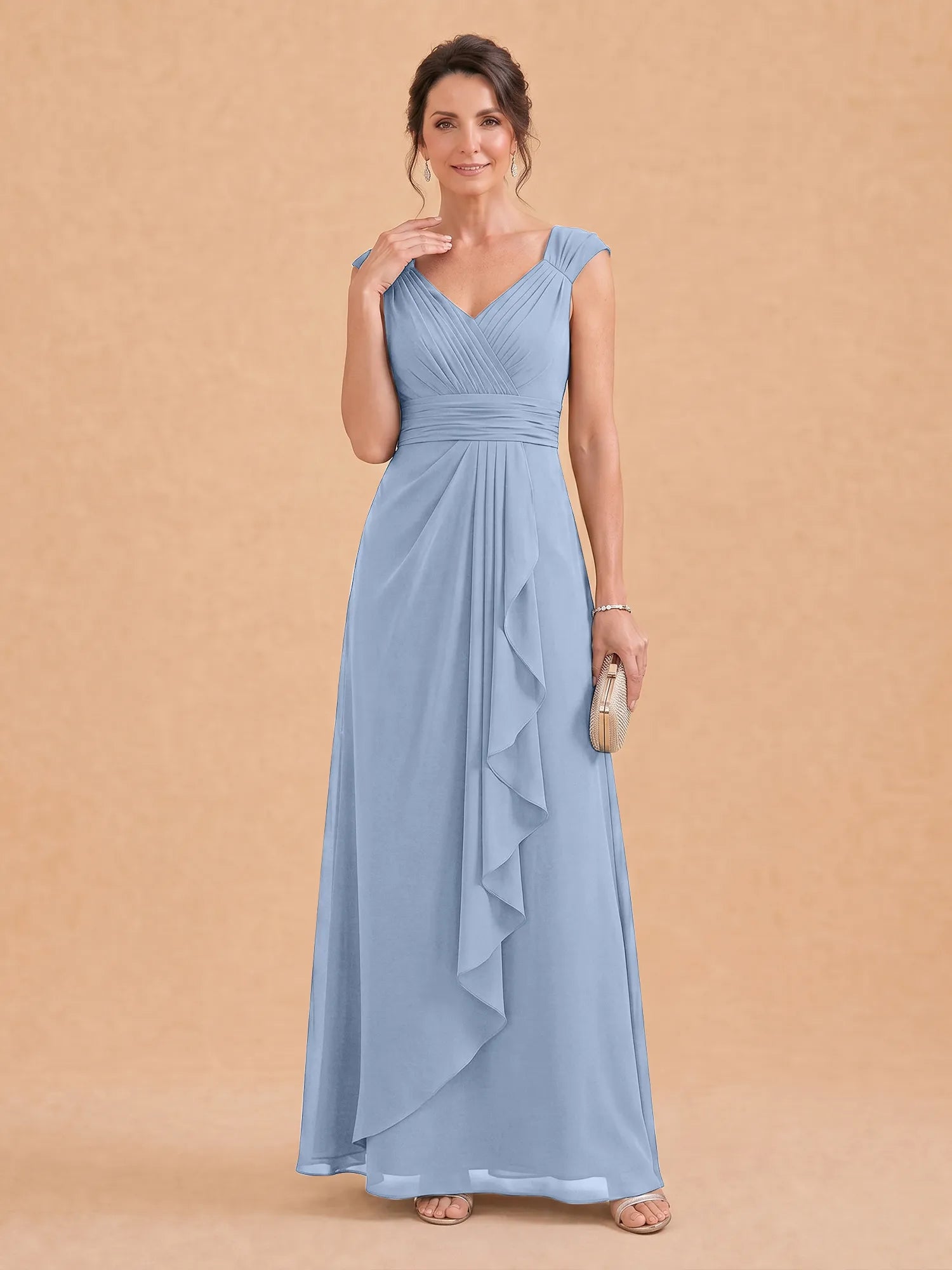 V-Neck Ruched Chiffon A-Line Mother of the Bride Dress with Cascading Ruffle