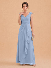 V-Neck Ruched Chiffon A-Line Mother of the Bride Dress with Cascading Ruffle