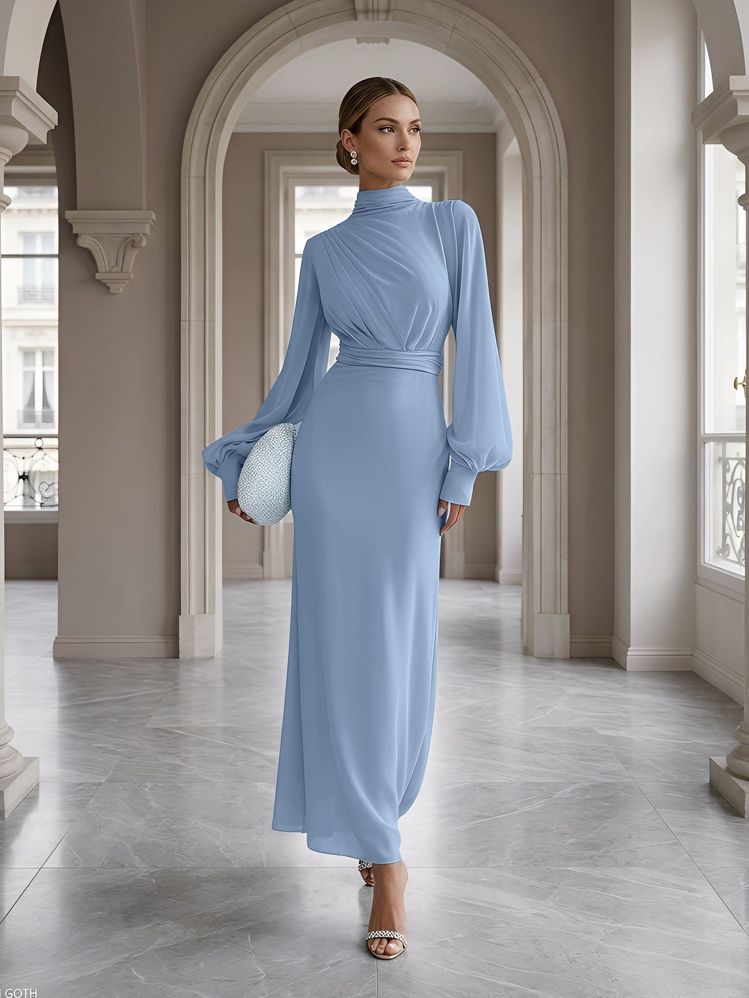 Ice Blue High-Neck Bishop Sleeve Gown Foraml Evening Dress