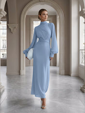 Ice Blue High-Neck Bishop Sleeve Gown Foraml Evening Dress