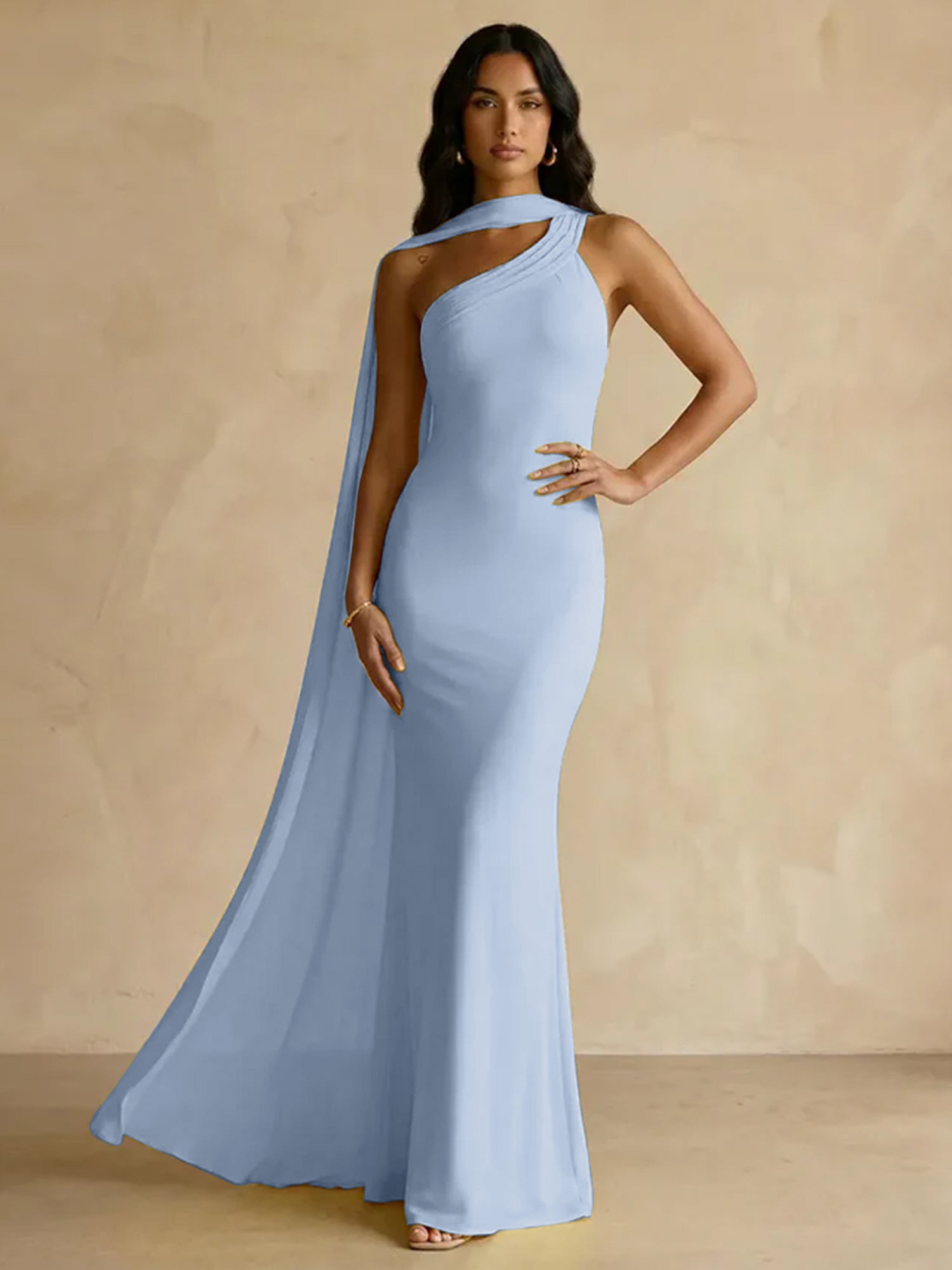 Yellow One-Shoulder Crepe Sheath Gown with Flowing Chiffon Cape Train