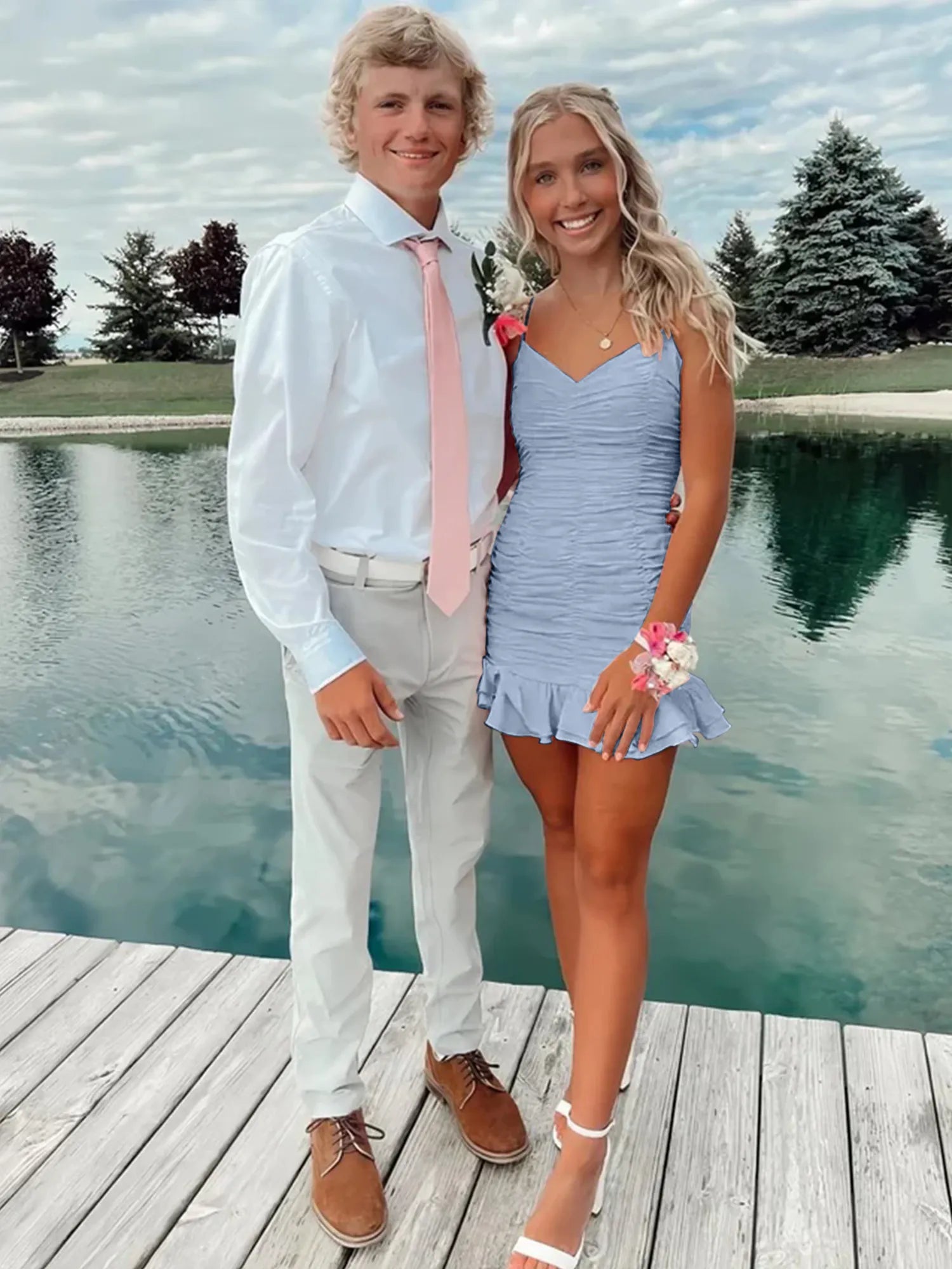 Cute Sheath Satin Short Homecoming Dress with Ruffles