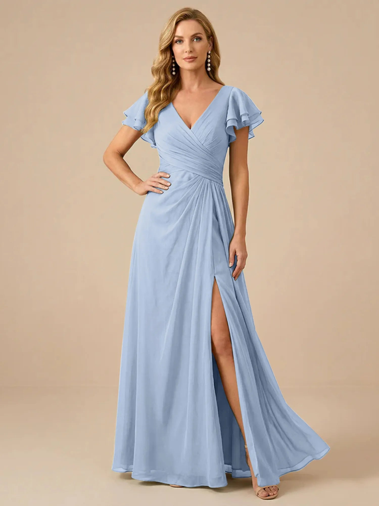 Sage Green V-Neck High-Slit Pleated Chiffon Dress