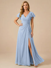 Sage Green V-Neck High-Slit Pleated Chiffon Dress