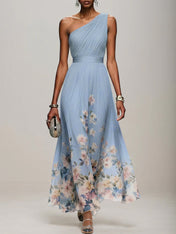 Light Blue Floral Chiffon One Shoulder Sleeveless A-Line Maxi Dress Gown