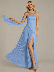 Navy A Line Satin Off The Shoulder Sleeveless Floor Length Dress