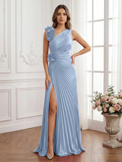 Olive Green Pleated One-Shoulder Prom Dress with 3D Rosettes