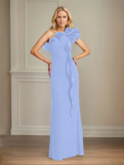 Navy Stretch Crepe Sheath/Column One Shoulder Floor Length Mother of the Bride Dresses With Ruffles