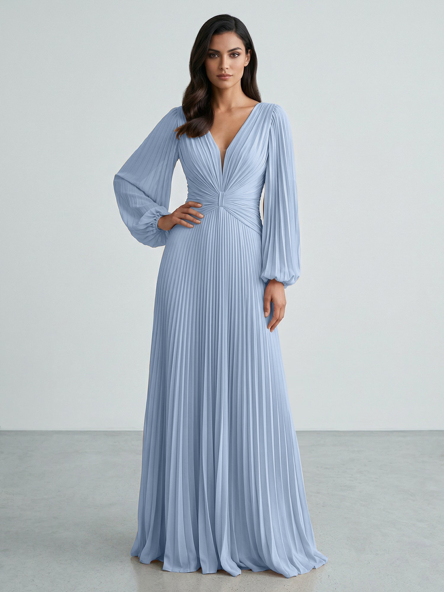 Slate Blue Plunging V-Neck Pleated Long Sleeve Maxi Dress Gown