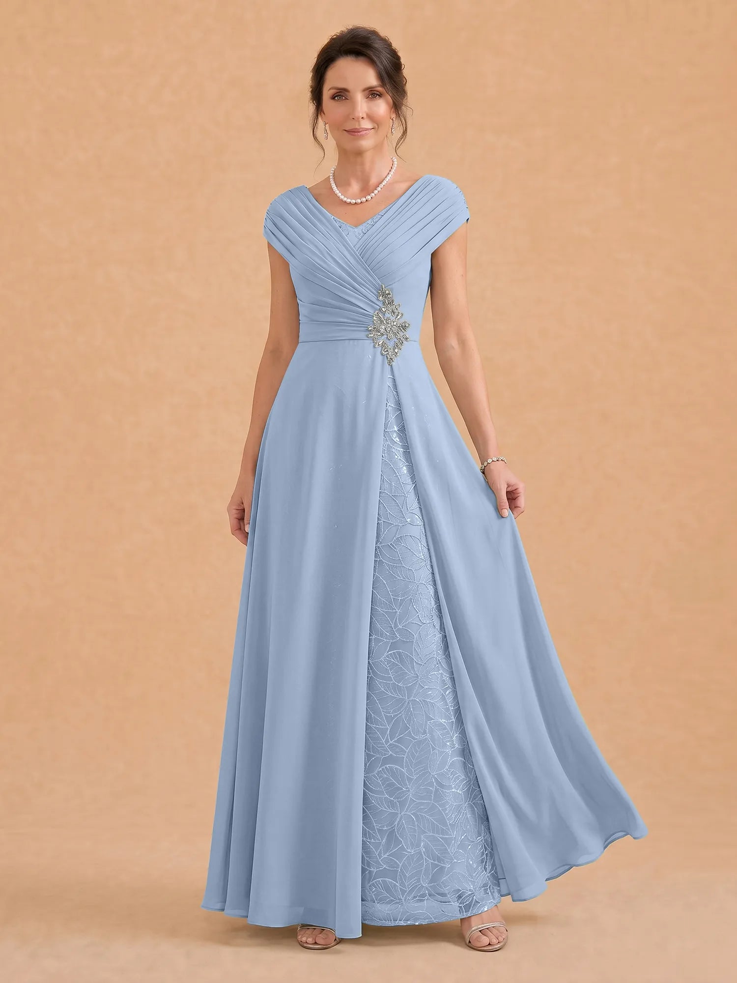 V-Neck Ruched Chiffon A-Line Mother of the Bride Dress with Crystal Brooch