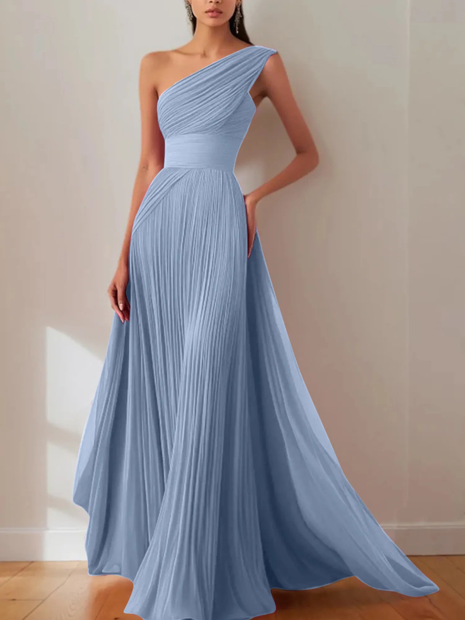 Prom Formal Pleated Dress Rose Color One-Shoulder Maxi Dress