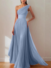 Prom Formal Pleated Dress Rose Color One-Shoulder Maxi Dress