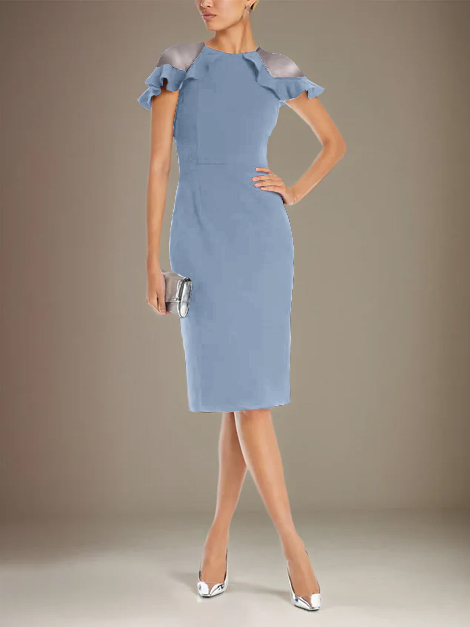 Column Stretch Crepe Scoop Short Sleeves Knee Length Dress