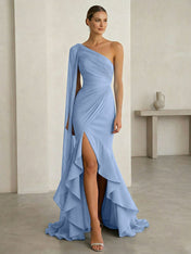 Glamorous Midnight Navy Formal Evening Dress One-Shoulder Ruched Cape Gown