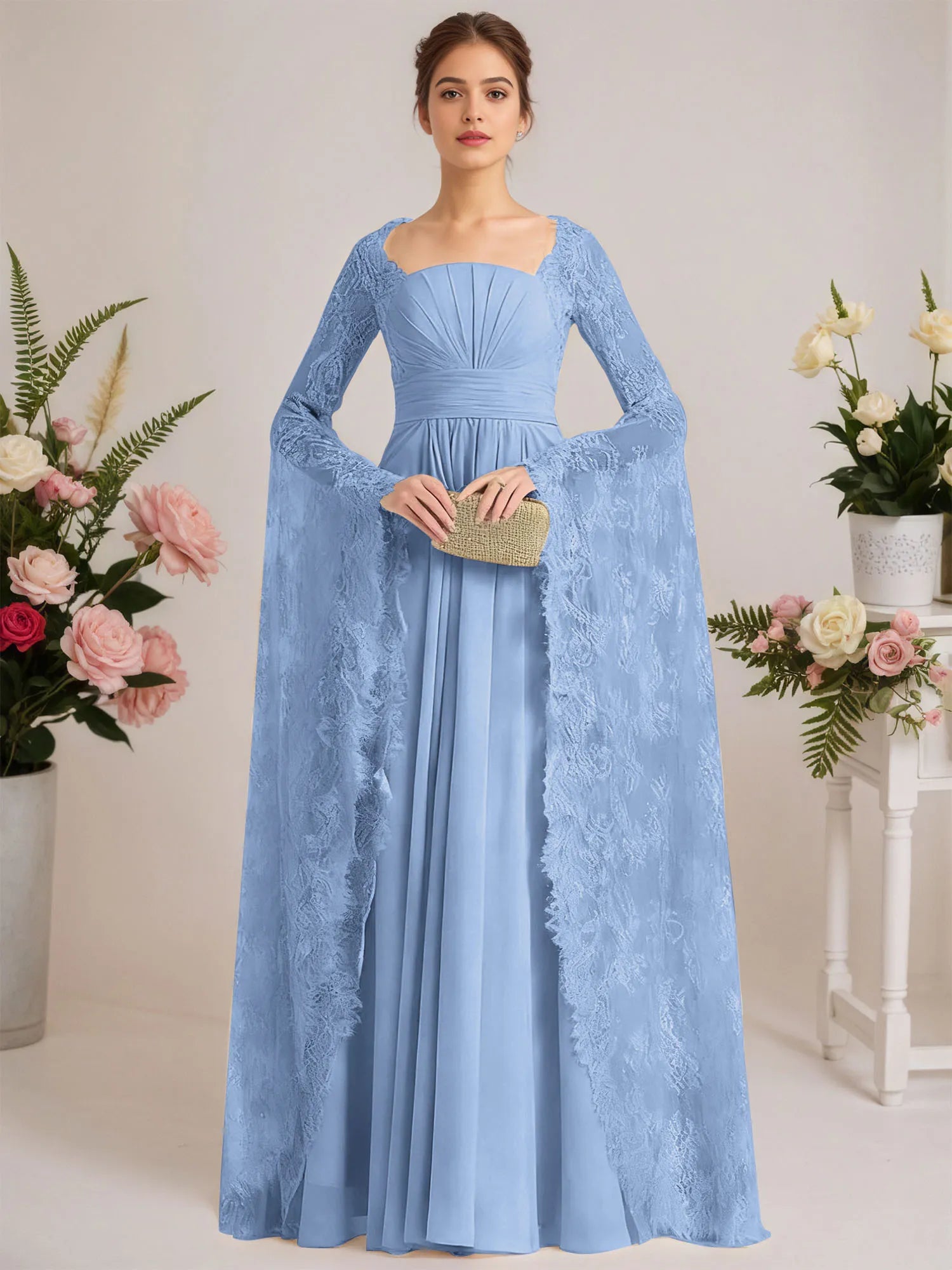A-line Square Floor-Length Chiffon Lace Evening Dress With Beading Pleated