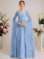 A-line Square Floor-Length Chiffon Lace Evening Dress With Beading Pleated