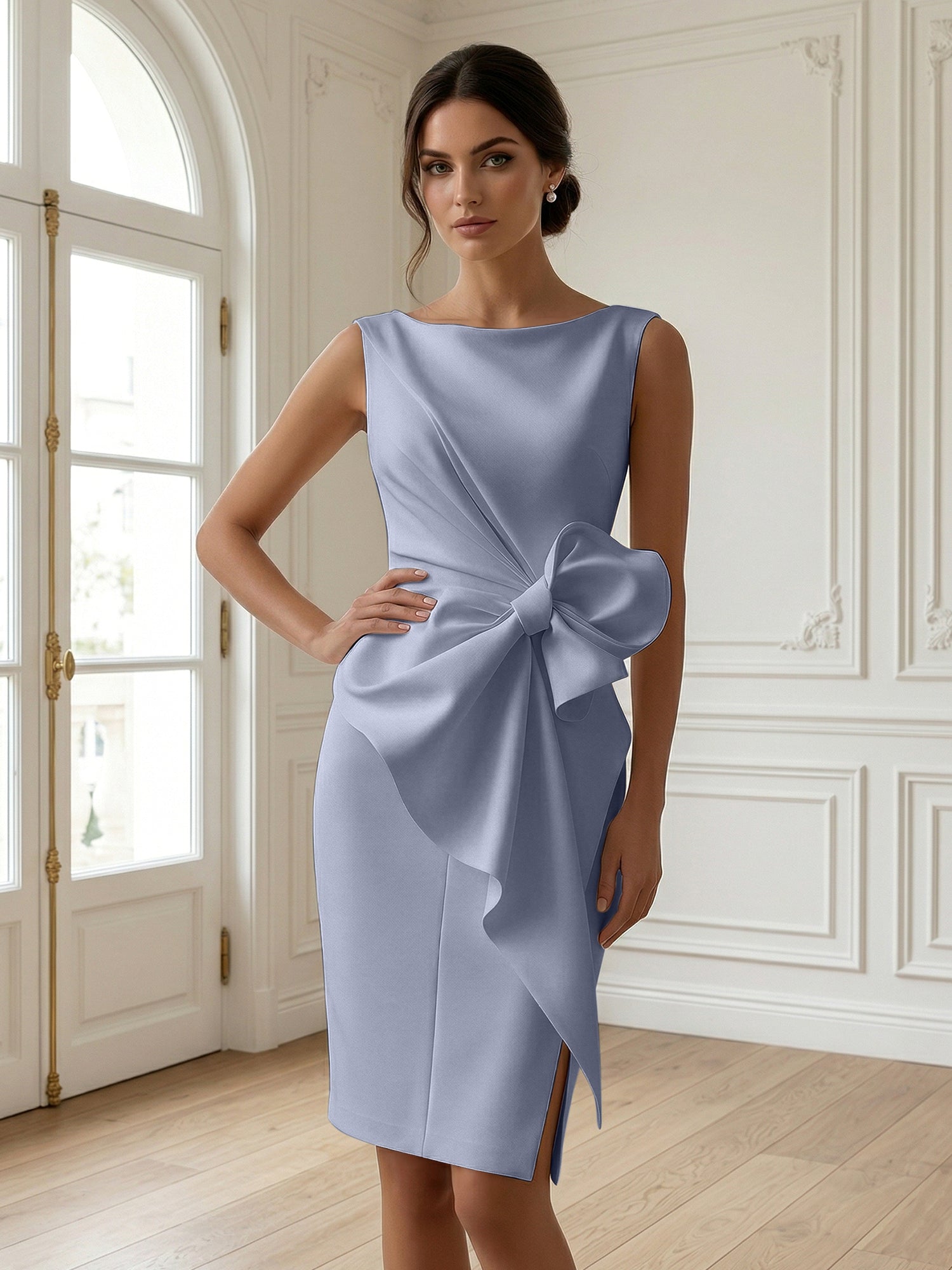 White 3D Bow Sleeveless Sheath Midi Dress Evening Gown