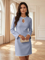 White Pearl Hollow Out Classic Crew Neck Long Sleeve Shift Mini Dress Gown