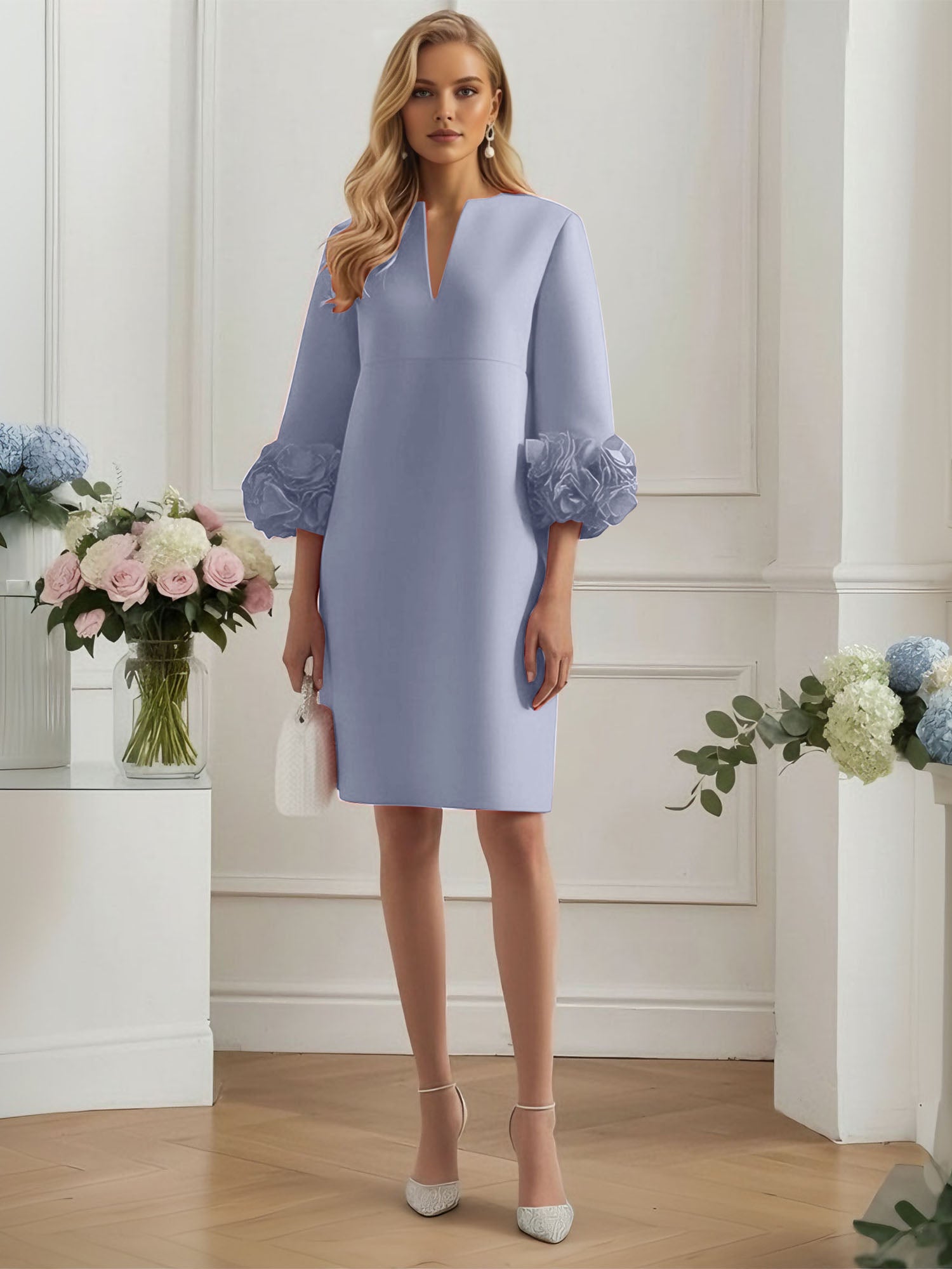 3D Floral Classic Notched Long Sleeve A-Line Midi Dress