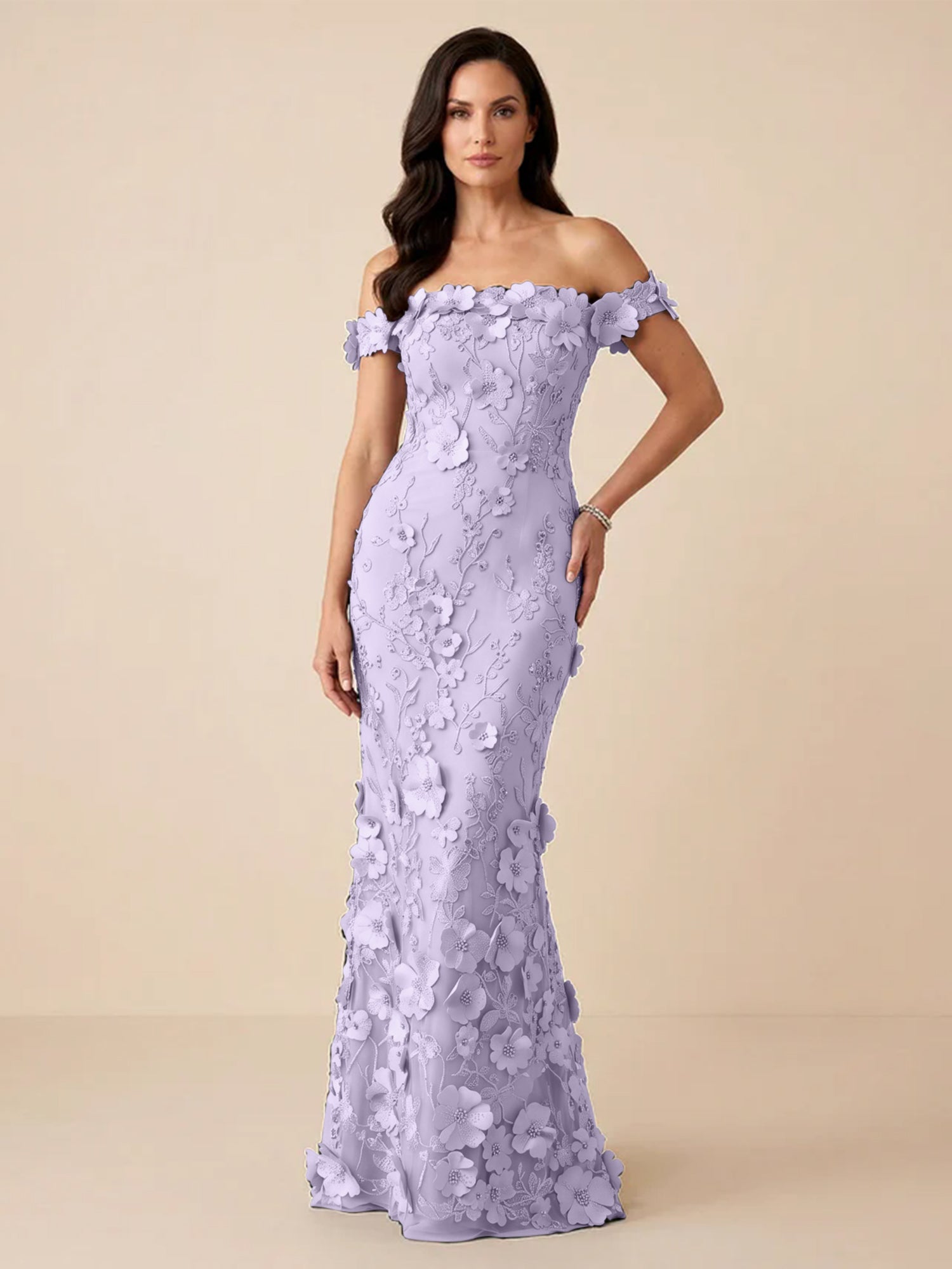 Black Off-the-Shoulder 3D Floral Mermaid Formal Gown Evening Dress