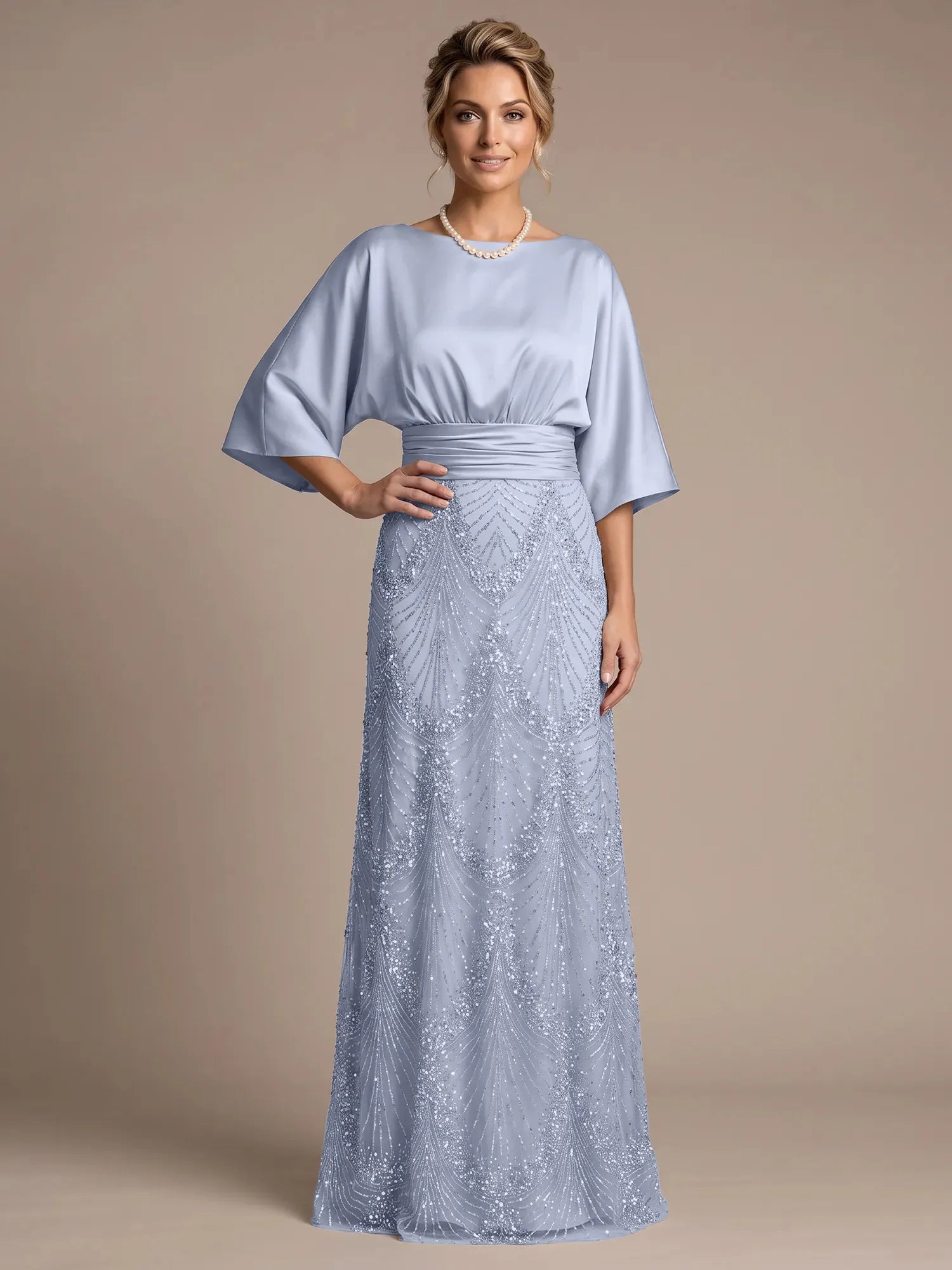 Bateau Neck Satin Evening Gown with 3/4 Batwing Sleeves Mother of The Bride Dresses