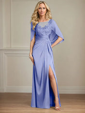 Sheath/Column Satin Scoop Neck Cap Sleeves Floor Length Mother Of The Bride Dresses