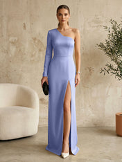 Long Sleeves Black One Shoulder Formal Dress Evening Gown