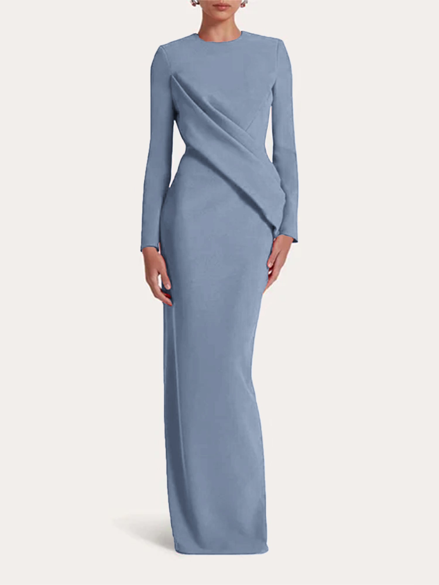 Red Sheath/Column Scoop Long Sleeves Chiffon Floor-Length Ruffles Formal Dress