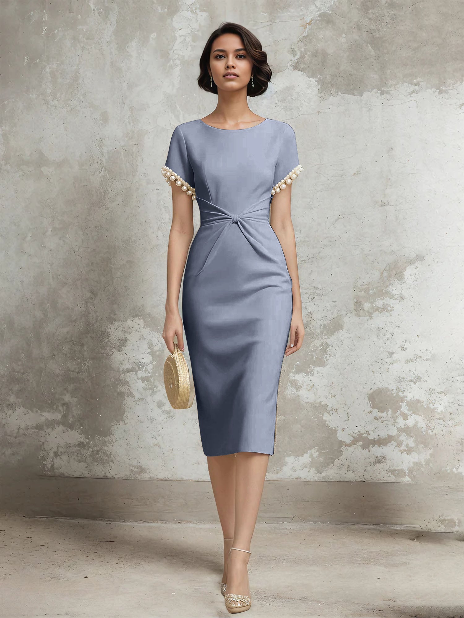 White Stretch Crepe Sheath/Column Short Sleeve Tea Length Dress With Pearls