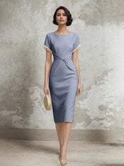 White Stretch Crepe Sheath/Column Short Sleeve Tea Length Dress With Pearls