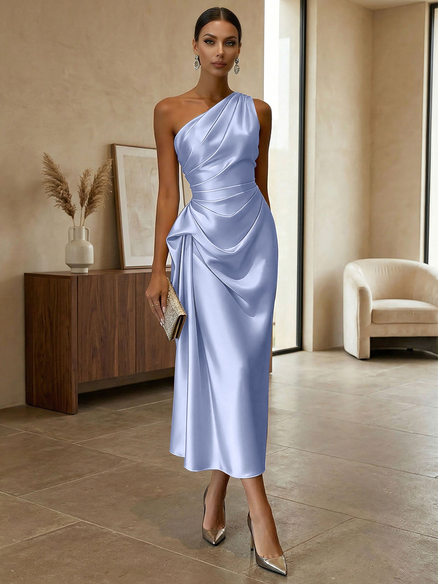 Champagne Ruched Satin One Shoulder Sleeveless Sheath Midi Dress