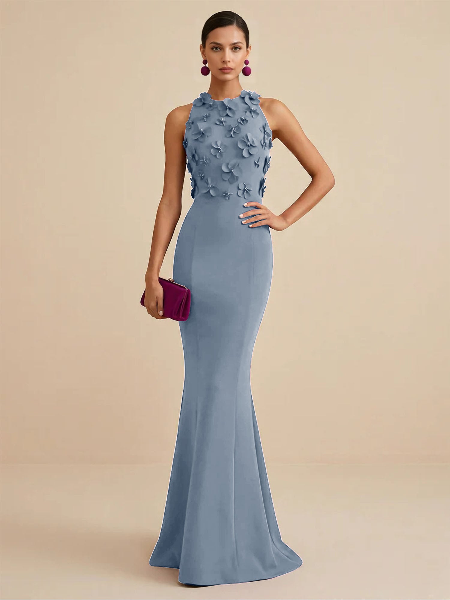 Deep Fuchsia Sleeveless High Neck 3D Floral Mermaid Formal Gown Evening Dress