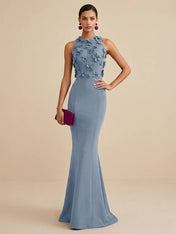 Deep Fuchsia Sleeveless High Neck 3D Floral Mermaid Formal Gown Evening Dress
