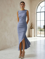 Elegant Formal Evening Gown Butter Yellow Ruched Asymmetrical Midi Dress
