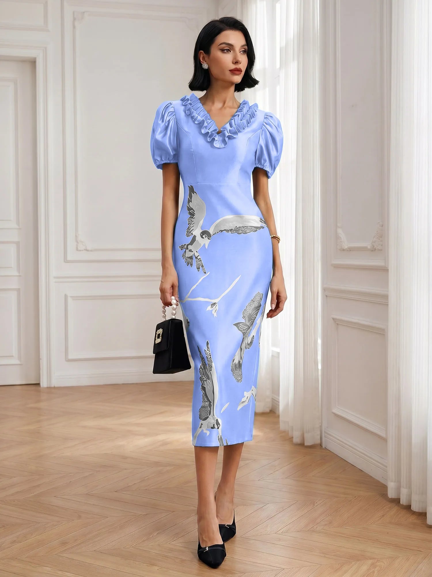 Black Folds V Neck Puff Sleeve Midi Sheath Dress