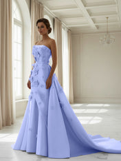 Pink A Line Satin Strapless Prom Dress with 3D Floral Appliques