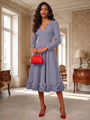 Formal Evening Gown Crimson 3D Rose Hem A-Line Midi Dress