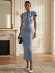 White Ruched Classic Notched Short Sleeve Puff Sleeve Sheath Midi Dress