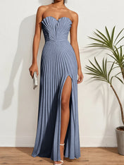 Pleated Classic Strapless Sleeveless A-Line Maxi Dress