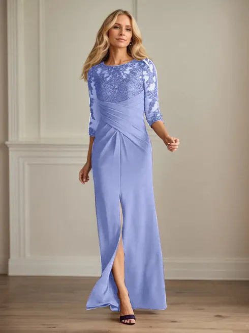 Robe fourreau en crêpe extensible prune pour mère de la mariée 