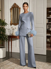 Women's White Two-Piece Set: Buckle Detail Feather-Trimmed Top & Straight-Leg Pants